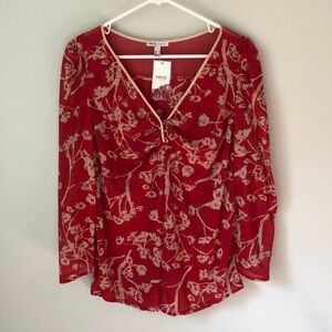 NWT MNG By Mango Long Sleeve Blouse Red & Beige